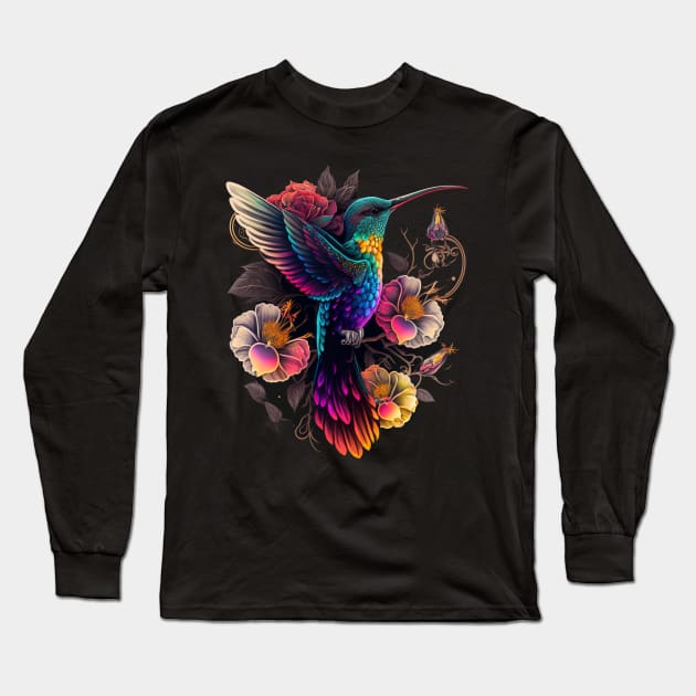 Fantasy Tropical Hummingbird with Flowers Long Sleeve T-Shirt by SCHummingbirds